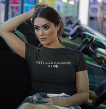 Load image into Gallery viewer, Millionaires Club Tee Black - Yellow Gold Bitcoin Lettering
