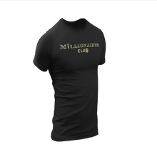 Load image into Gallery viewer, Millionaires Club Tee Black - Yellow Gold Bitcoin Lettering
