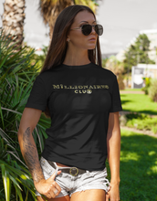 Load image into Gallery viewer, Millionaires Club Tee Black - Yellow Gold Bitcoin Lettering
